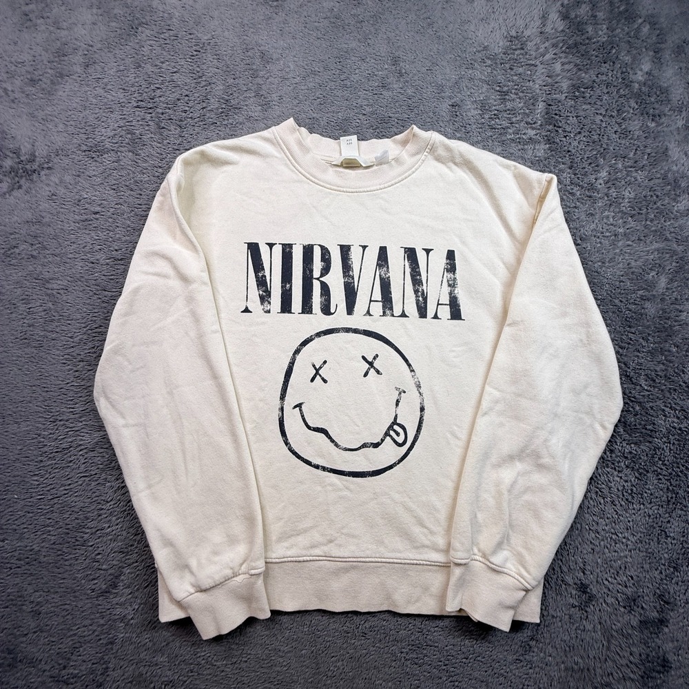 H&M Nirvana Smiley Face Sweatshirt Crew Neck Fleece Pullover Band Merch Adult S